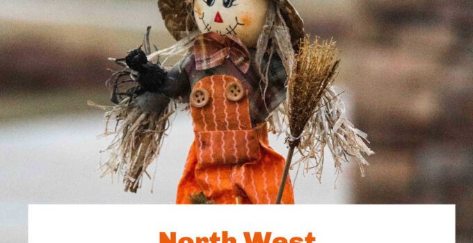 cute scarecrow at a scarecrow festival wearing orange dungarees and smiling
