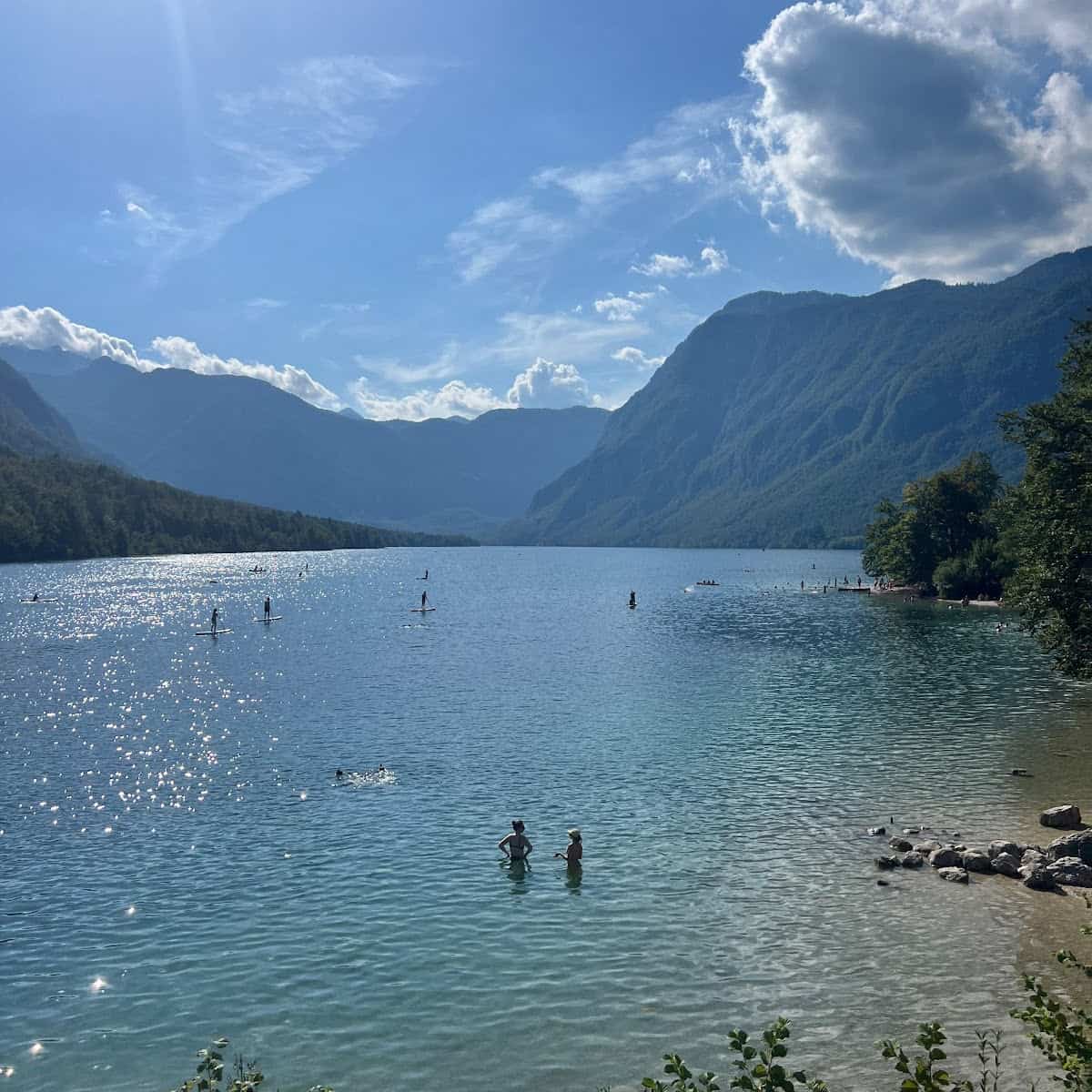 image shows people swimming and paddle boarding in Lake Bled in Slovenia on a sunny day